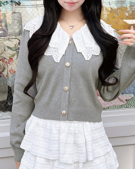 レースフリル襟ニットカーディガン