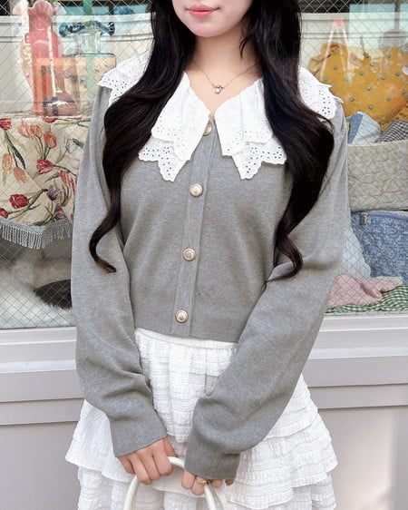 INGNI(イング) レースフリル襟ニットカーディガン グレー