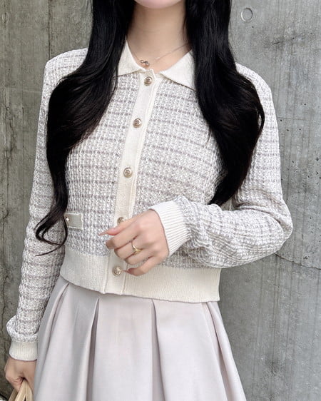 INGNI(イング) 襟付ツイードバイカラーニットカーディガン グレージュ/オフホワイト