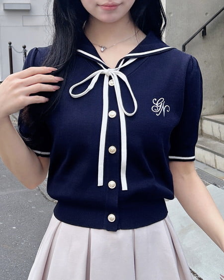 セーラーカラー配色ニットカーディガン