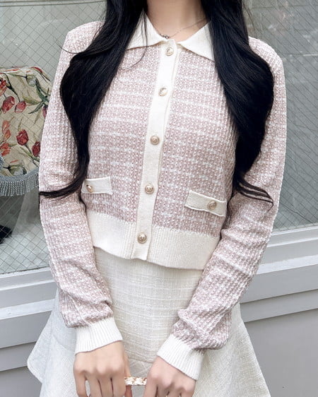 INGNI（イング） 襟付ツイードバイカラーニットカーディガン ﾋﾟﾝｸ/ｵﾌﾎﾜｲﾄ