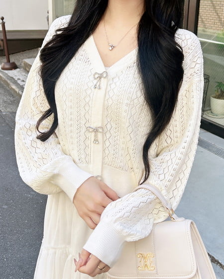 INGNI（イング） パターンメッシュリボンボタンニットカーディガン ｵﾌﾎﾜｲﾄ