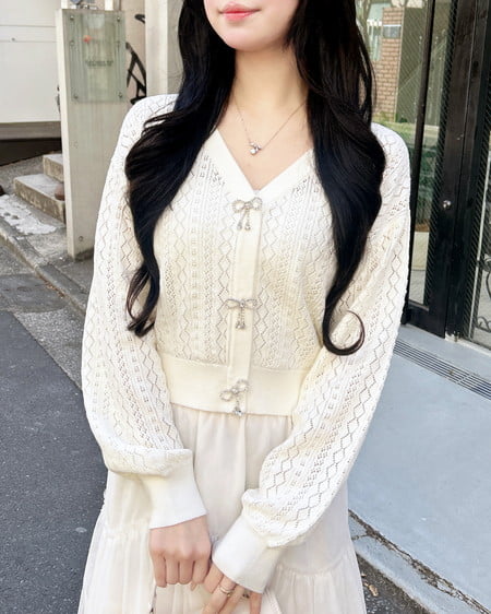 INGNI（イング） パターンメッシュリボンボタンニットカーディガン ｵﾌﾎﾜｲﾄ