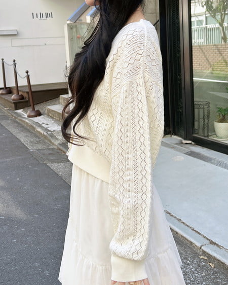 INGNI（イング） パターンメッシュリボンボタンニットカーディガン ｵﾌﾎﾜｲﾄ