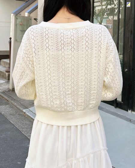 INGNI（イング） パターンメッシュリボンボタンニットカーディガン ｵﾌﾎﾜｲﾄ