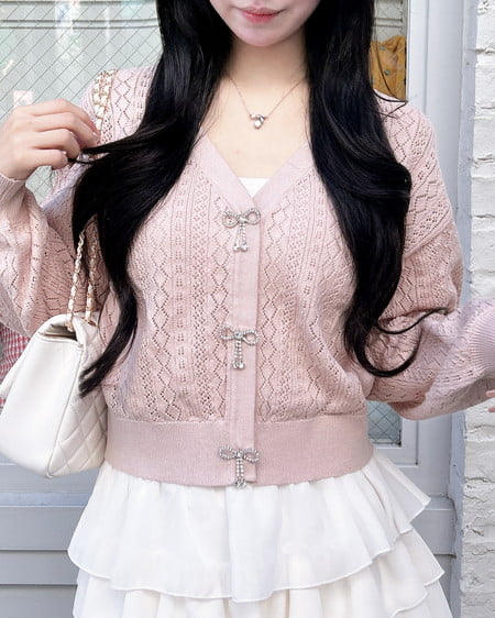 パターンメッシュリボンボタンニットカーディガン