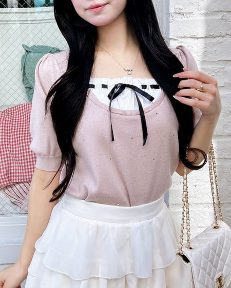 INGNI(イング) ビジュー飛ばしレイヤード風ニット ピンク/オフホワイト