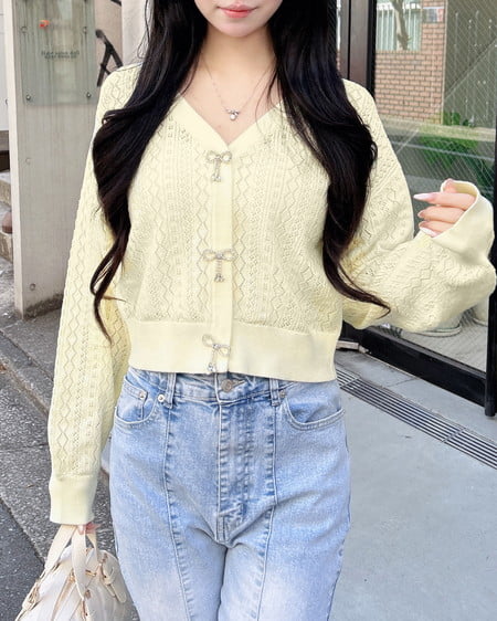 INGNI（イング） パターンメッシュリボンボタンニットカーディガン ｲｴﾛｰ