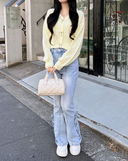 INGNI（イング） パターンメッシュリボンボタンニットカーディガン ｲｴﾛｰ