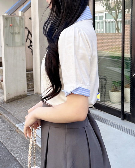 INGNI(イング) Wカラー配色半袖ポロニット オフホワイト/ブルーストライプ