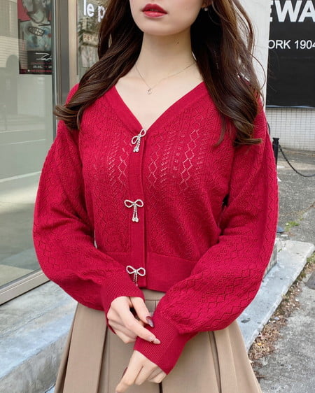 パターンメッシュリボンボタンニットカーディガン