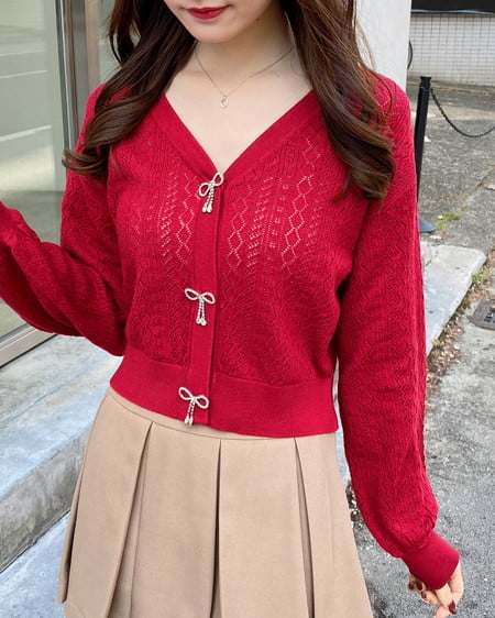 INGNI（イング） パターンメッシュリボンボタンニットカーディガン ｱｶ