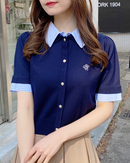 Wカラー配色半袖ポロニット