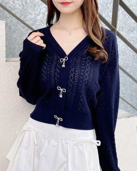 パターンメッシュリボンボタンニットカーディガン