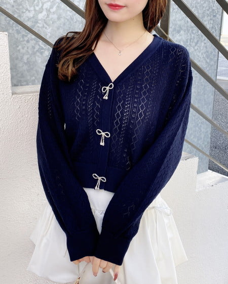 INGNI（イング） パターンメッシュリボンボタンニットカーディガン ｺﾝ