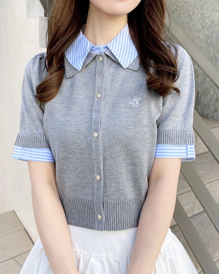 INGNI（イング） Wカラー配色半袖ポロニット ｸﾞﾚｰ/ﾌﾞﾙｰｽﾄﾗｲﾌﾟ