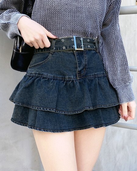 ベルト付デニムフリルミニスカパン