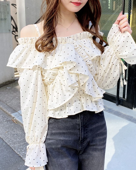 クロスフリルオフショルブラウス