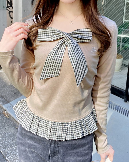 チェックリボンレイヤードトップス