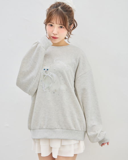装飾リボン付ねこスウェットトップス