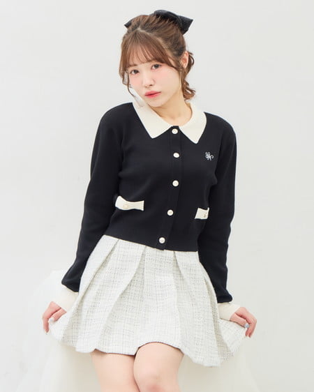 INGNI（イング） 襟付配色金ボタンニットカーディガン ｸﾛ/ｵﾌﾎﾜｲﾄ