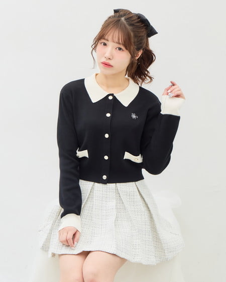 INGNI（イング） 襟付配色金ボタンニットカーディガン ｸﾛ/ｵﾌﾎﾜｲﾄ