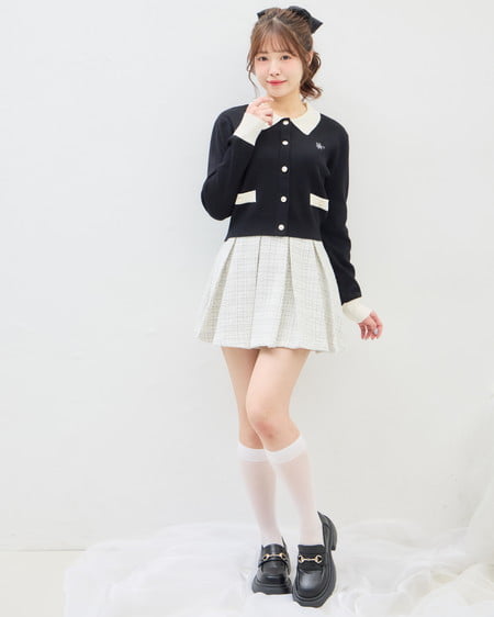 INGNI（イング） 襟付配色金ボタンニットカーディガン ｸﾛ/ｵﾌﾎﾜｲﾄ