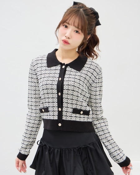 襟付ツイードバイカラーニットカーディガン