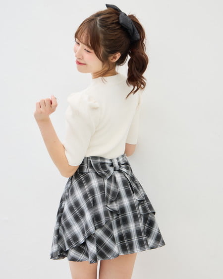 バックリボンチェック柄フレアスカパン
