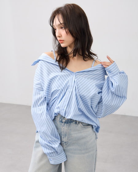 INGNI（イング） 2Wayオフショルストライプ柄シャツ ﾌﾞﾙｰ/ｽﾄﾗｲﾌﾟ