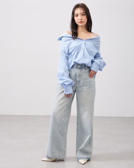 INGNI（イング） 2Wayオフショルストライプ柄シャツ ﾌﾞﾙｰ/ｽﾄﾗｲﾌﾟ