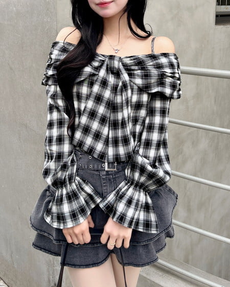 リボンオフショルチェック柄ブラウス