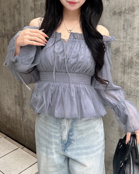 INGNI（イング） チュールオフショルブラウス ﾌﾞﾙｰｸﾞﾚｰ