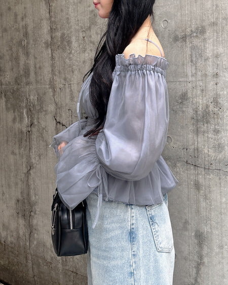 INGNI（イング） チュールオフショルブラウス ﾌﾞﾙｰｸﾞﾚｰ