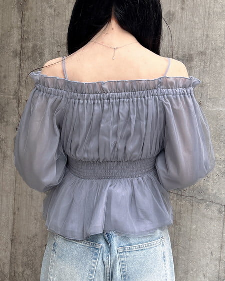 INGNI（イング） チュールオフショルブラウス ﾌﾞﾙｰｸﾞﾚｰ