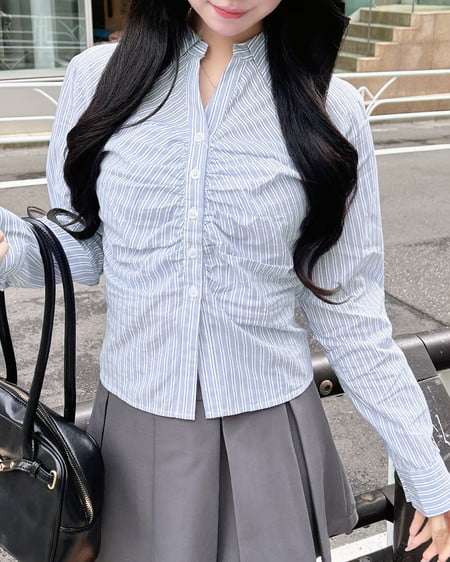 INGNI（イング） チェック柄ギャザークロップドシャツ ﾌﾞﾙｰ/ｽﾄﾗｲﾌﾟ