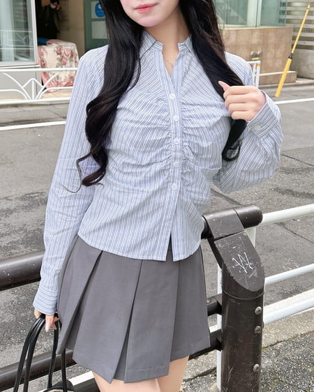 INGNI（イング） チェック柄ギャザークロップドシャツ ﾌﾞﾙｰ/ｽﾄﾗｲﾌﾟ