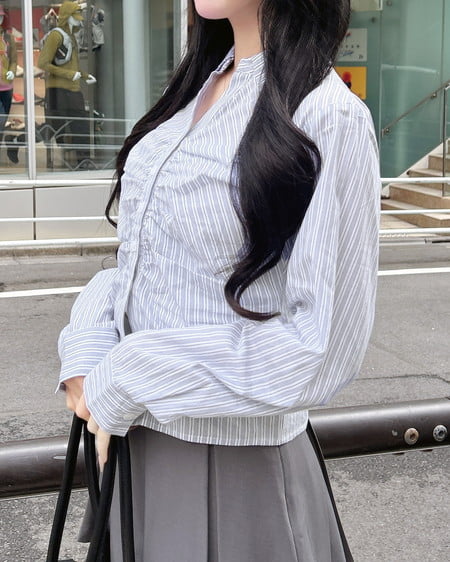 INGNI（イング） チェック柄ギャザークロップドシャツ ﾌﾞﾙｰ/ｽﾄﾗｲﾌﾟ