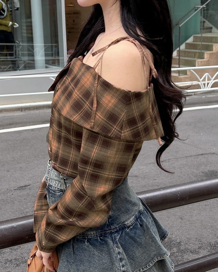 INGNI(イング) オフショルチェックブラウス ブラウン/チェック