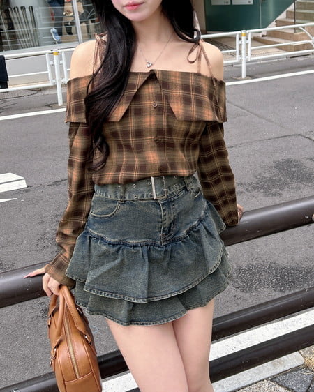 INGNI(イング) オフショルチェックブラウス ブラウン/チェック