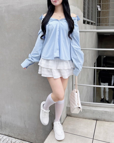 INGNI（イング） 2Wayオフショルストライプ柄シャツ ｻｯｸｽ