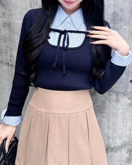 INGNI（イング） シャツドッキングフロントリボンニット ｺﾝ/ﾌﾞﾙｰｽﾄﾗｲﾌﾟ