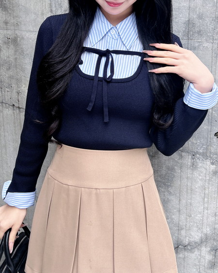 シャツドッキングフロントリボンニット