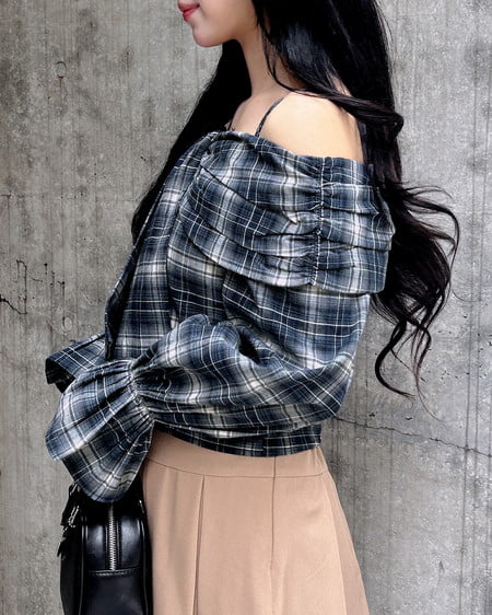 INGNI（イング） リボンオフショルチェック柄ブラウス ｺﾝ/ﾁｪｯｸ