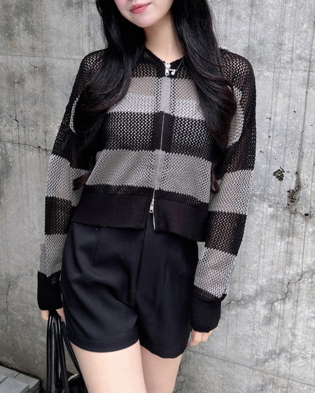 INGNI(イング) ボーダーメッシュニットパーカー クロ/グレー