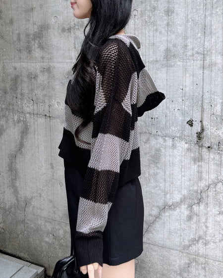 INGNI(イング) ボーダーメッシュニットパーカー クロ/グレー