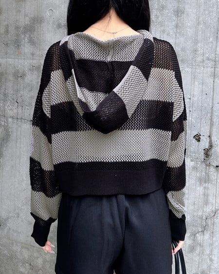 INGNI(イング) ボーダーメッシュニットパーカー クロ/グレー