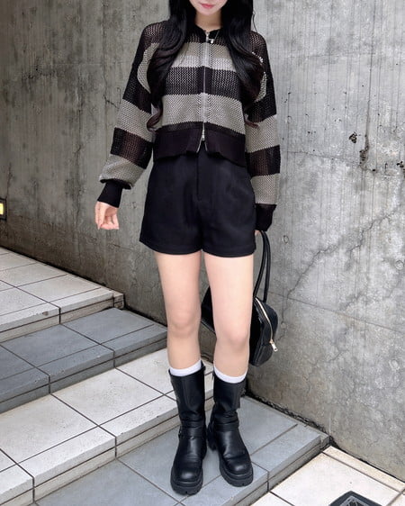 INGNI(イング) ボーダーメッシュニットパーカー クロ/グレー