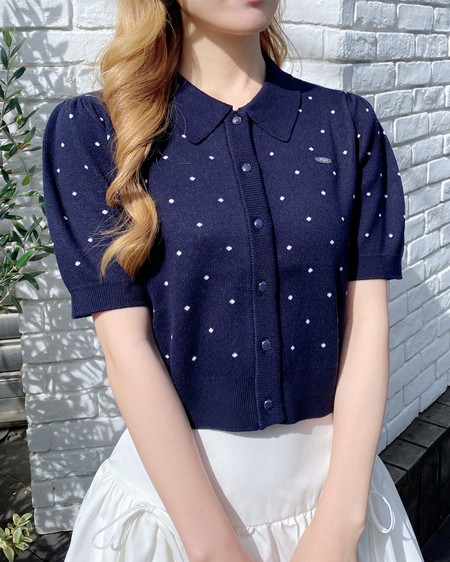 INGNI（イング） 襟付ドット柄半袖ニットカーディガン ｺﾝ/ｵﾌﾎﾜｲﾄ