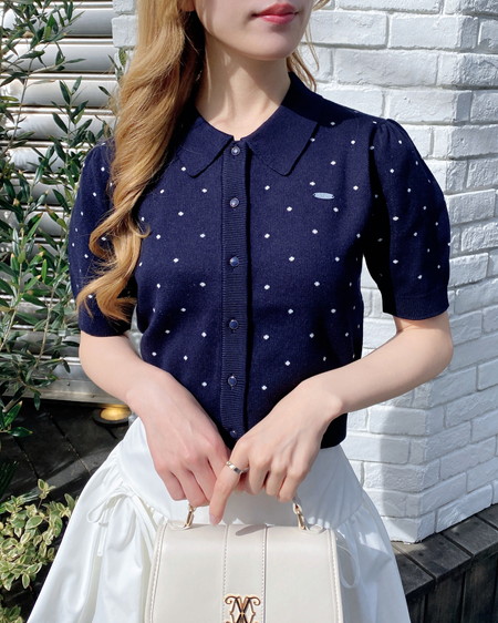 INGNI（イング） 襟付ドット柄半袖ニットカーディガン ｺﾝ/ｵﾌﾎﾜｲﾄ